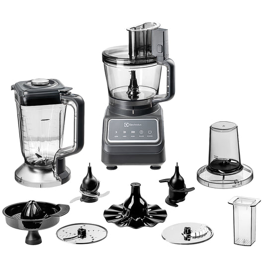 Electrolux food processor with blender, grinder and multifunction accessory attachments.
