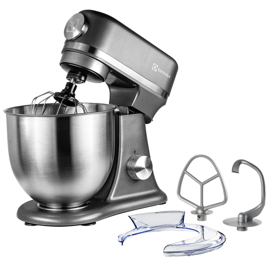 Electrolux stand mixer with attachments on a white background